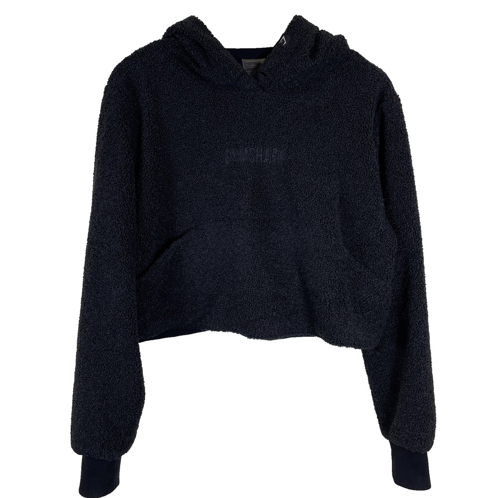 GYMSHARK Woman's Cropped Hoodie‎ Size S Black Pullover Hoodie Borg Athleisure